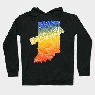 Colorful mandala art map of Indiana with text in blue, yellow, and red Hoodie